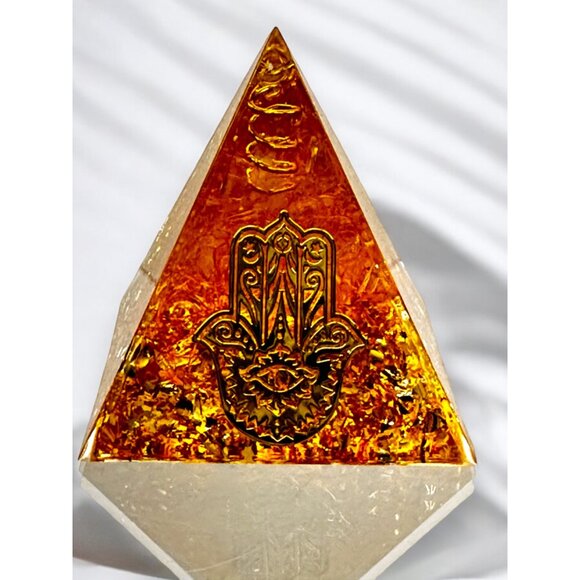 Handmade Gold Pyramid With Hamsa Hand Design & Chakra Energy Symbol - Picture 2 of 10